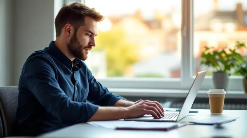 Mann mit Laptop und Notizbuch arbeitet konzentriert am Schreibtisch in einem hellen Büro in Bamberg